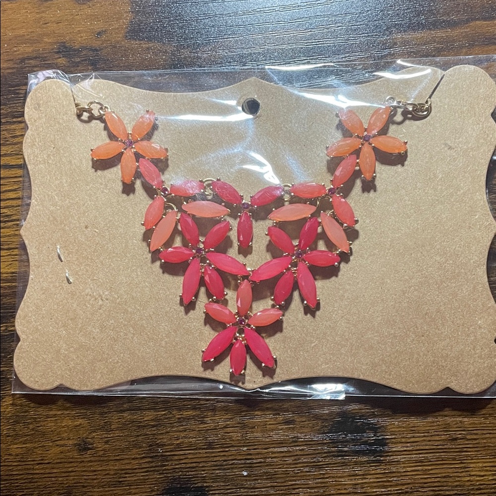 Floral Statement Necklace in Red and Orange, 10.5” with 3” extension